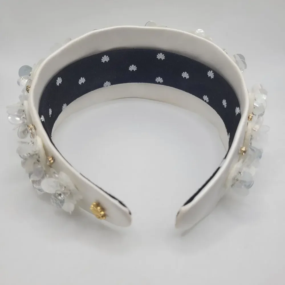 Lele Sadoughi Headband Brigitte Paillette Floral Crystal Wide Dove White NEW